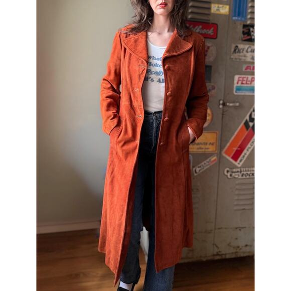 Vintage 70s Suede Trench Coat | Rust Orange Belted Maxi Jacket | Size M - Picture 9 of 13